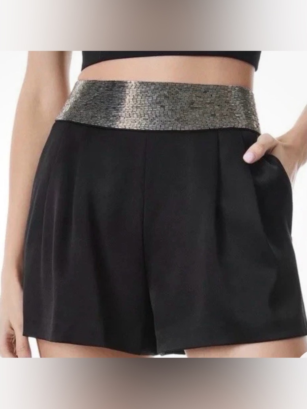 Alice + Olivia Satin Embellished Pleated Shorts in Black NWT Size 6